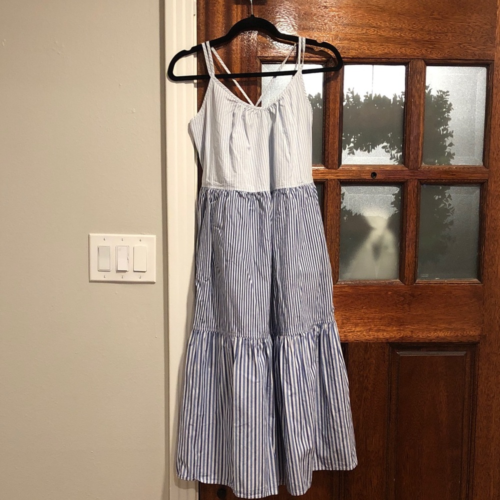Free Assembly Striped Blue and White Tiered Dress Sz Medium